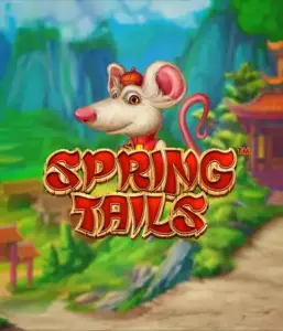 A charming illustration of a white rat dressed in traditional Chinese attire standing in a vibrant landscape with mountains. The image represents the Spring Tails game by Betsoft, highlighted with striking red and gold logo text.